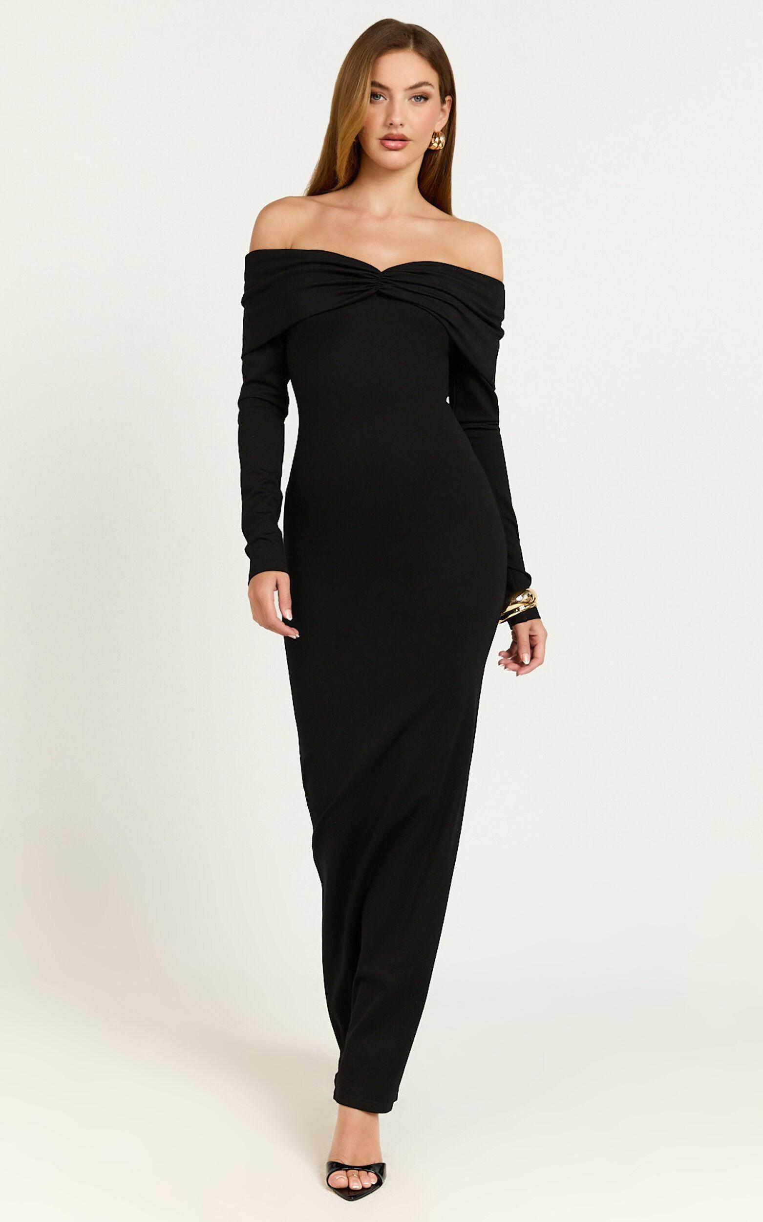 Rani Maxi Dress - Off Shoulder Long Sleeve Bodycon Dress in Black Product Image