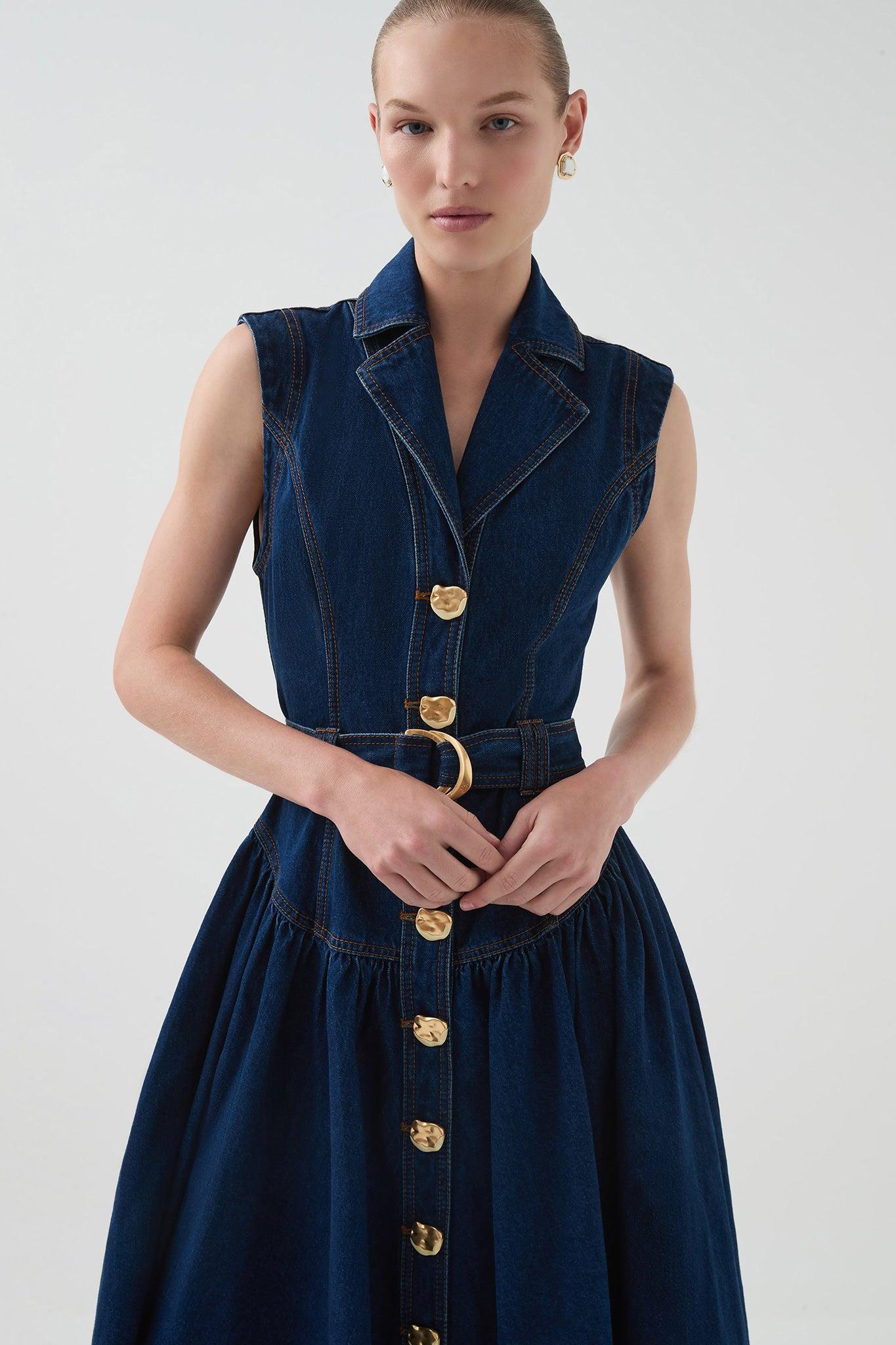 Elena Belted Denim Midi Dress Product Image