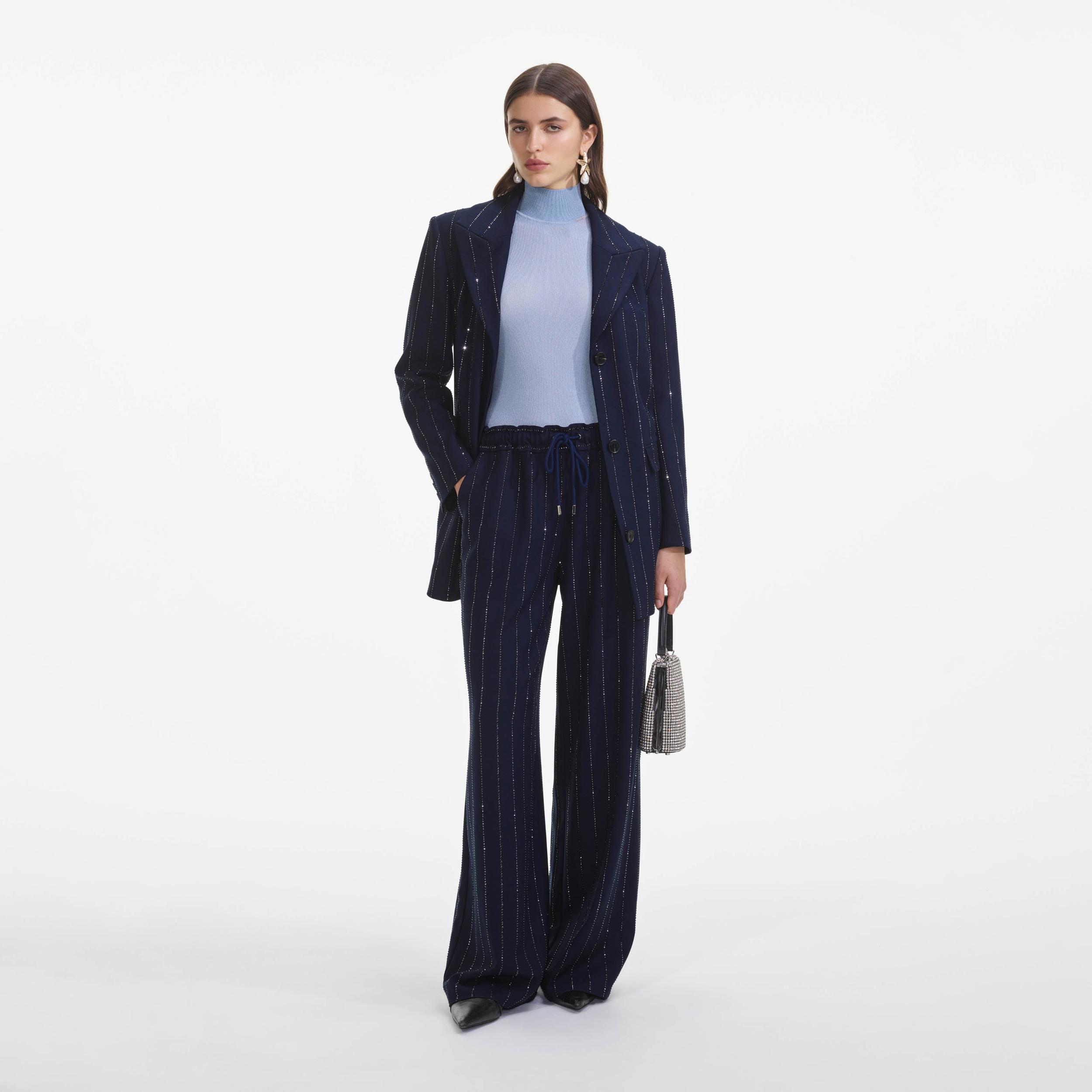 Navy Rhinestone Pinstripe Trousers Product Image