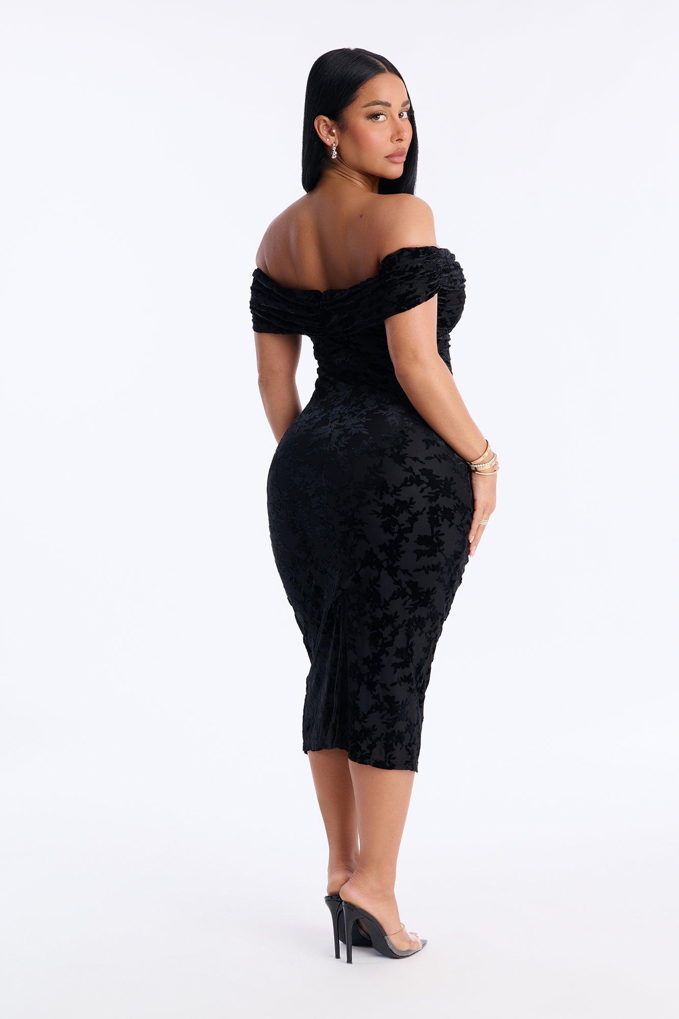 Milena Flocked Mesh Midi Dress - Black Female Product Image
