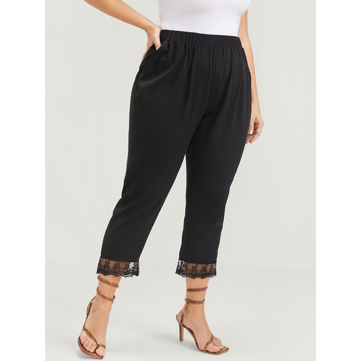 Plus Size Solid Lace Mesh Hem Pocket Elastic Waist Pants Women Black Elegant Loose High Rise Dailywear Pants BloomChic 10/M Product Image