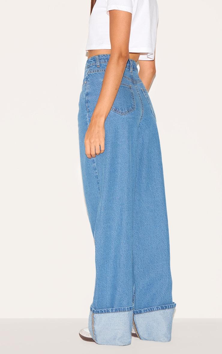 Mid Blue Wash High Waist Turn Up Leg Jeans Product Image