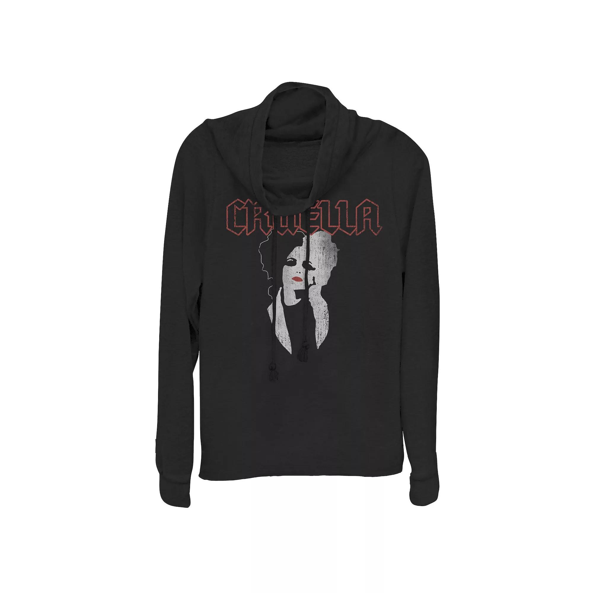 Disney's Cruella Juniors' Dark Portrait Cowlneck Graphic Lightweight Long Sleeve, Girl's, Size: XXL, Black Product Image