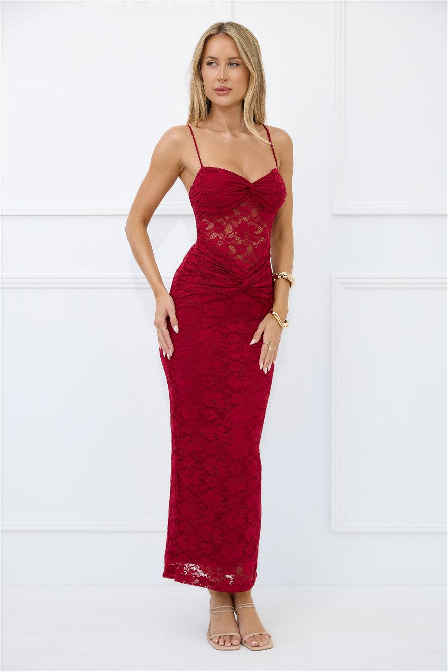 Chic After Dark Lace Maxi Dress Burgundy Product Image