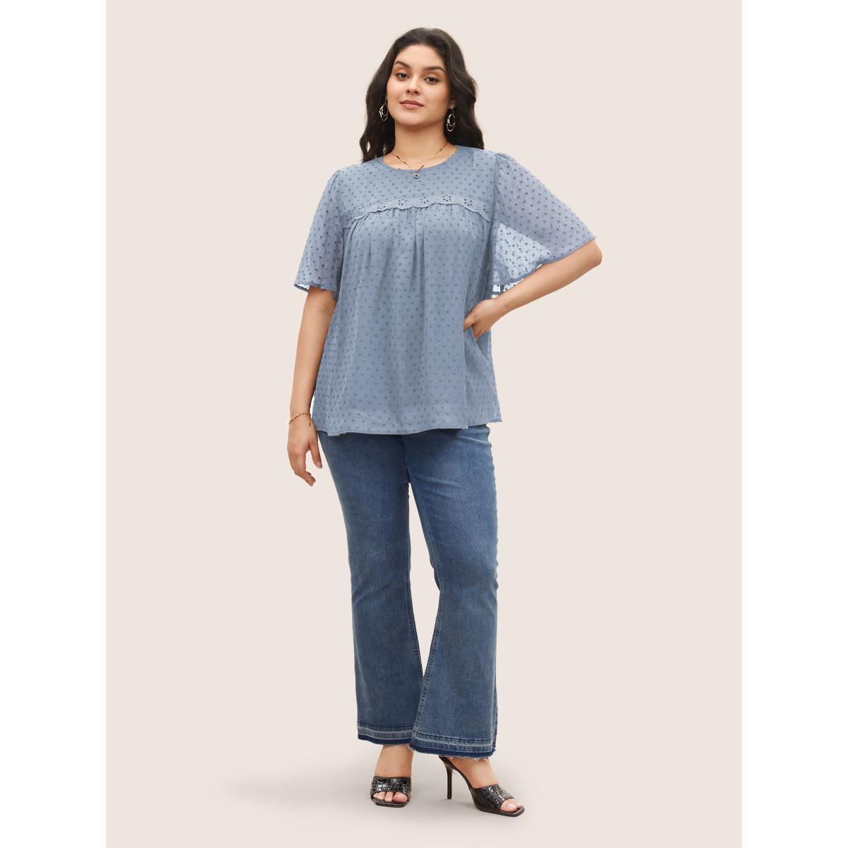 Plus Size LightBlue Solid Texture Lace Trim See Through Gathered Blouse Women Elegant Short sleeve Round Neck Everyday Blouses BloomChic 22-24/3X Product Image