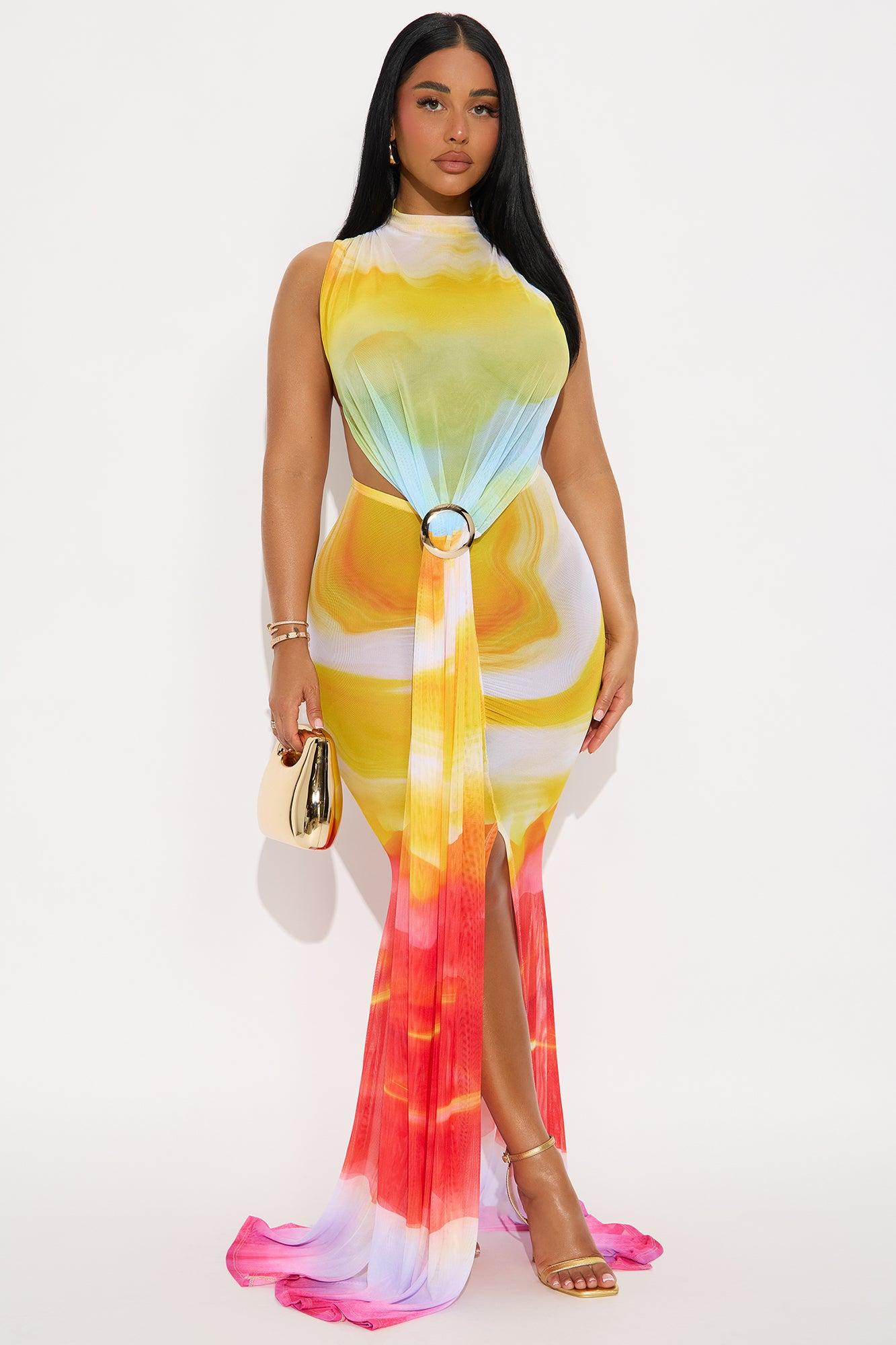 On The Wild Side Draped Maxi Dress - Yellow/combo Female Product Image