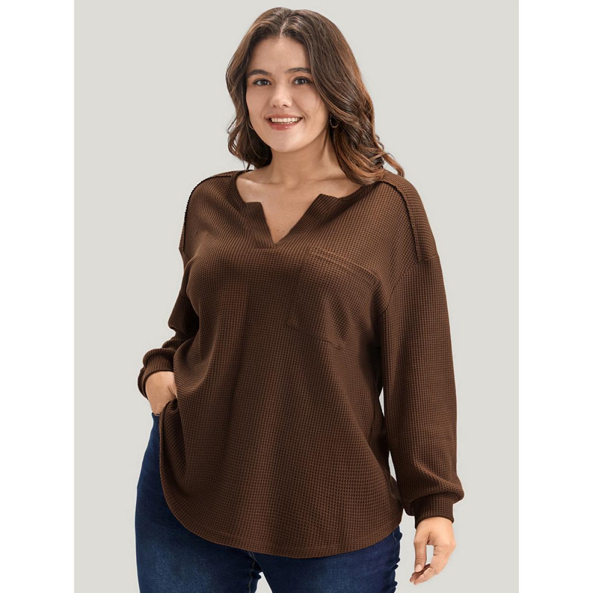 Plus Size Solid Pocket Notched Waffle Knit Sweatshirt Women DarkBrown Elegant Pocket V-neck Dailywear Sweatshirts BloomChic 30/6X Product Image