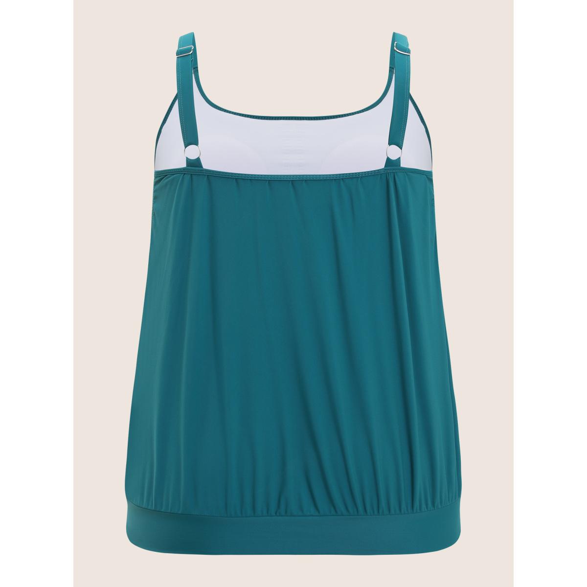 Plus Size Bandana Patchwork Contrast Gathered Cut Out Tankini Top Women's Swimwear Teal Resort Non High stretch U-neck Curve Swim Tops BloomChic 10/M Product Image