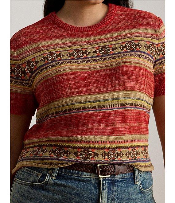 Lauren Ralph Lauren Plus Size Geometric Stripe Ribbed Crew Neck Short Sleeve Pullover Sweater Product Image