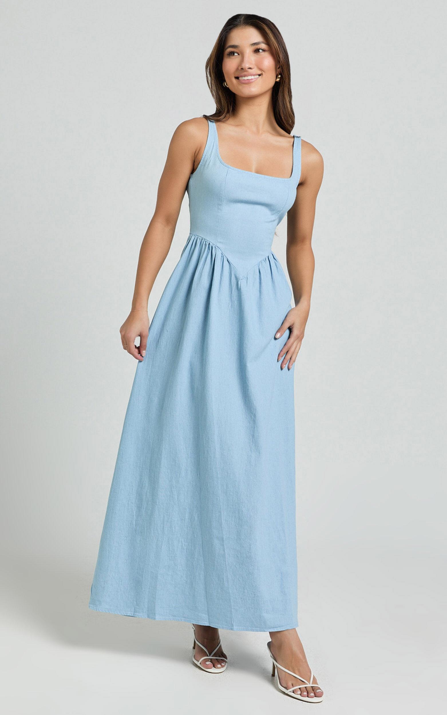 Rhaziya Midi Dress - Sleeveless Straight Neck Fit and Flare Dress in Blue Product Image
