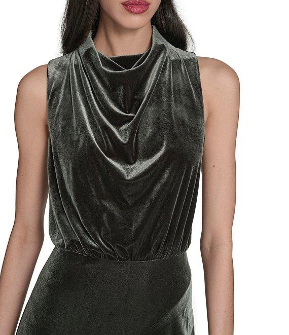 Vince Camuto Velvet Drape Cowl Mock Neck Blouson Wrap Ruffle Flounce Silt Hem Midi Dress Product Image