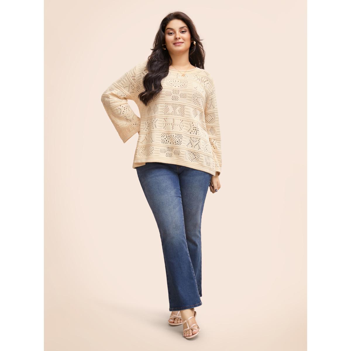 Plus Size Cotton Texture Cut Out Bell Sleeve Pullover Apricot Women Leisure Long Sleeve Round Neck Casual Pullovers BloomChic 30/6X Product Image