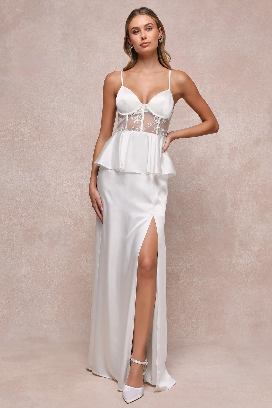 Iconic Adoration White Satin Peplum Sheer Bustier Maxi Dress Product Image