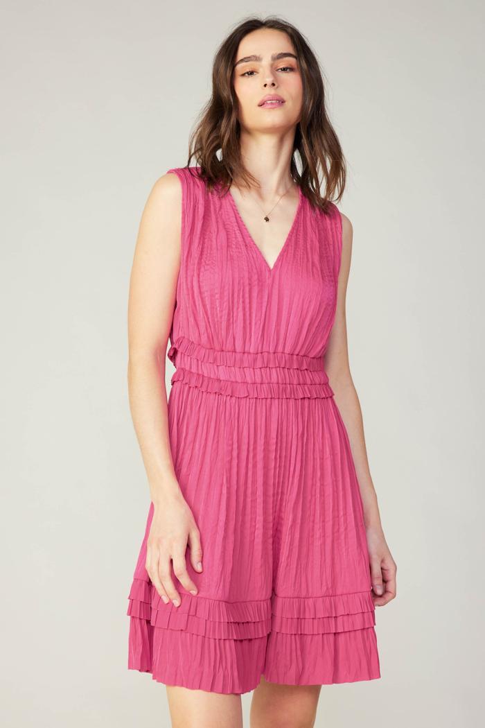 V Neck Pleated Sleeveless Ruffle Mini Dress Product Image