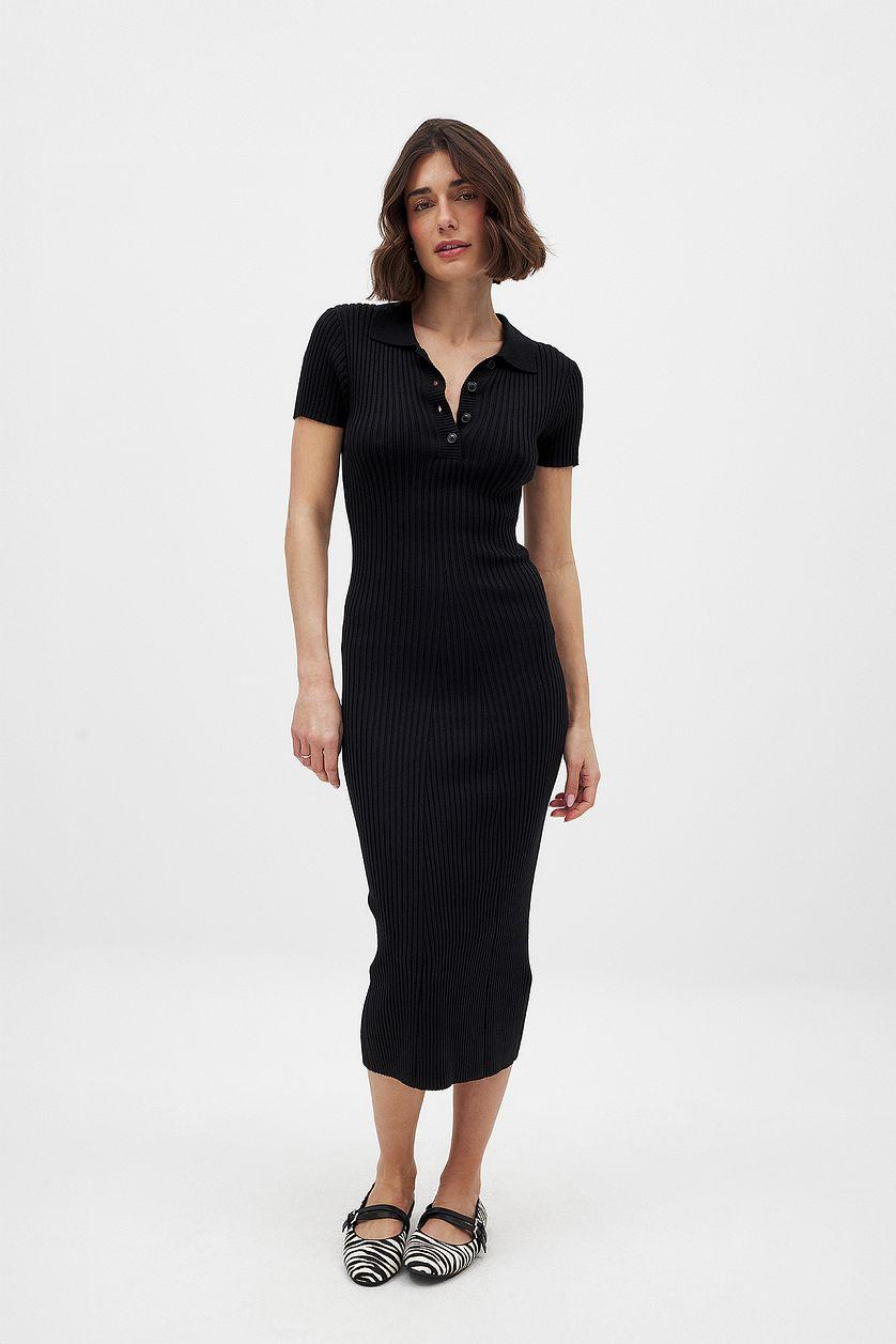 Knitted Short Sleeve Button Dress Black Product Image