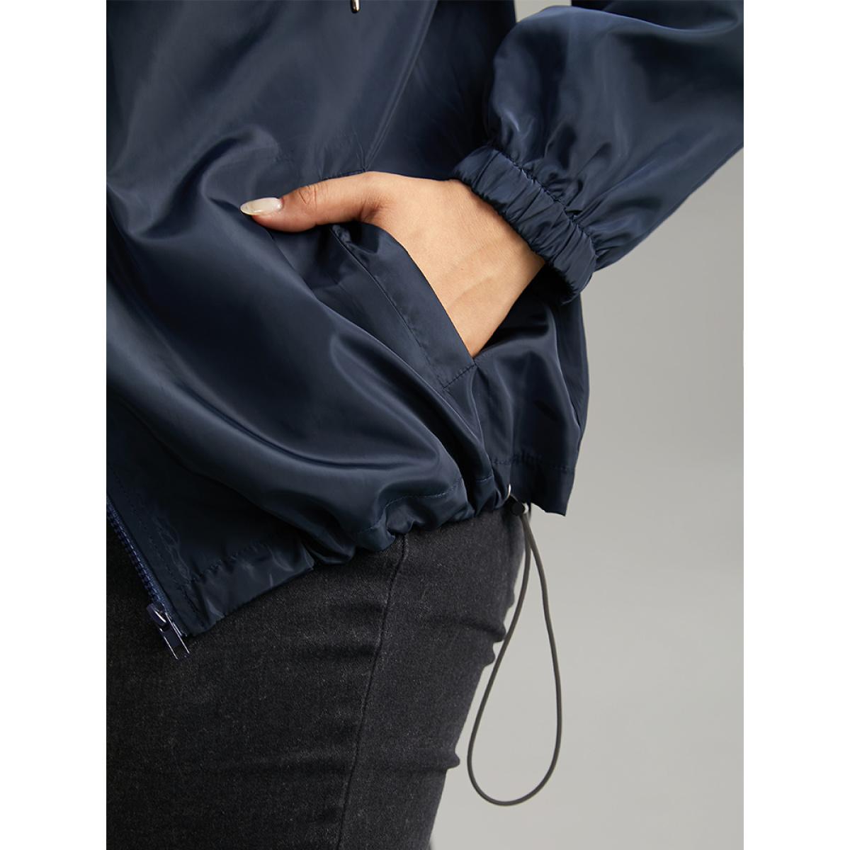 Plus Size Solid Drawstring Zipper Hooded Jacket Women Indigo Elastic cuffs Pocket Dailywear Jackets BloomChic 10/M Product Image