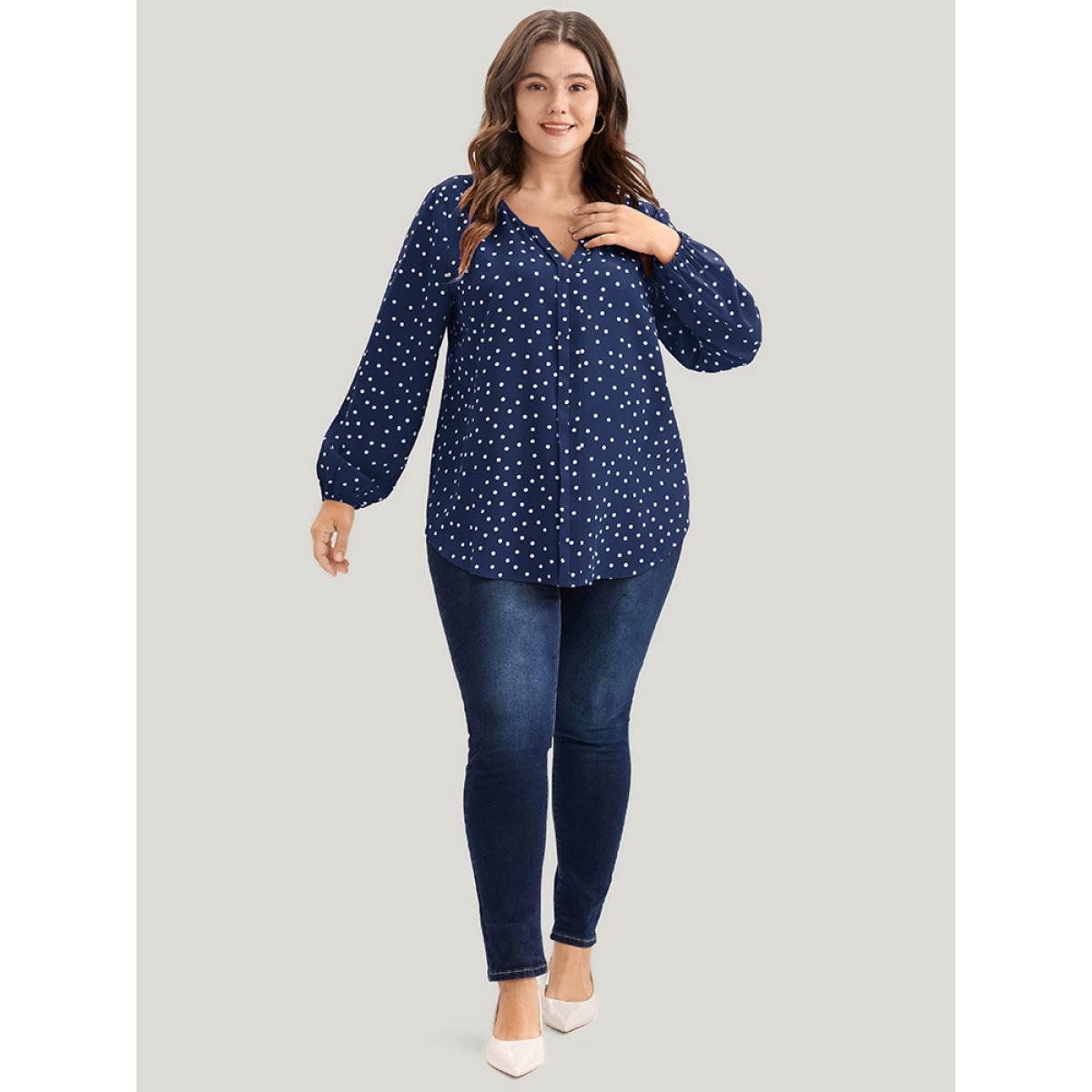 Plus Size Blue Polka Dot Lantern Sleeve Notched Blouse Women Elegant Long Sleeve V-neck Dailywear Blouses BloomChic 14-16/1X Product Image