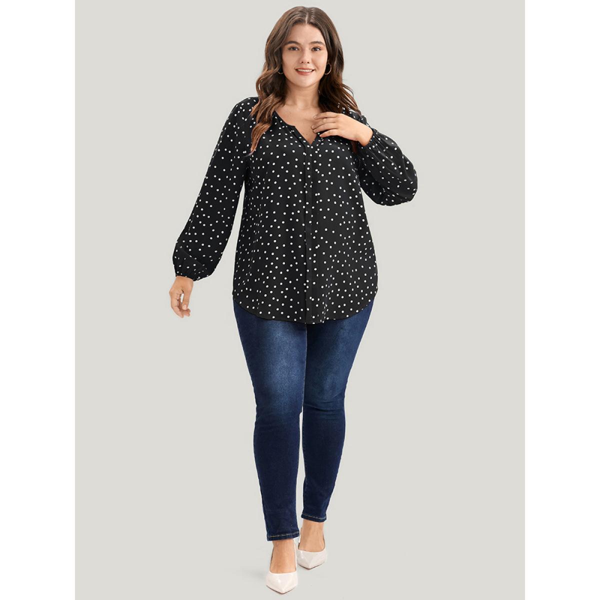 Plus Size Black Polka Dot Lantern Sleeve Notched Blouse Women Elegant Long Sleeve V-neck Dailywear Blouses BloomChic 18-20/2X Product Image