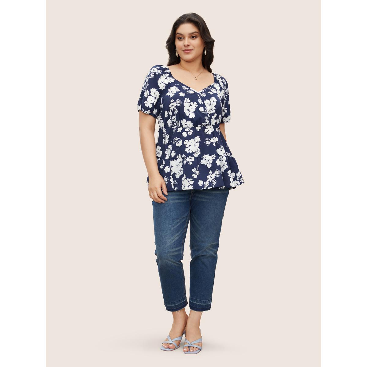 Plus Size Indigo Silhouette Floral Print Surplice Neck Blouse Women Elegant Short sleeve Heart neckline Everyday Blouses BloomChic 28/5X Product Image