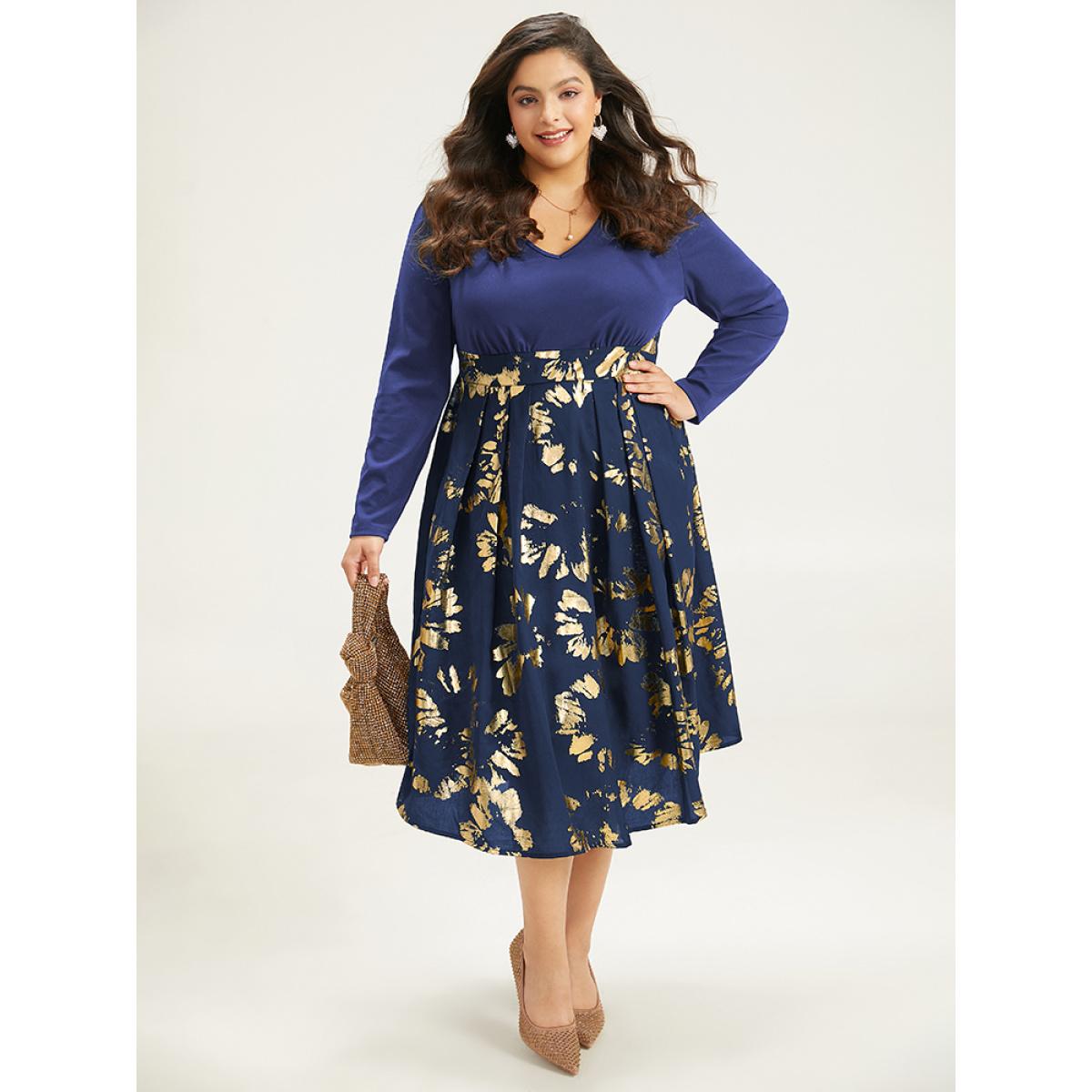 Plus Size Brush Glitter Pocket Patchwork Dress DarkBlue Women Party Printed V-neck Long Sleeve Curvy Midi Dress BloomChic 28/5X Product Image