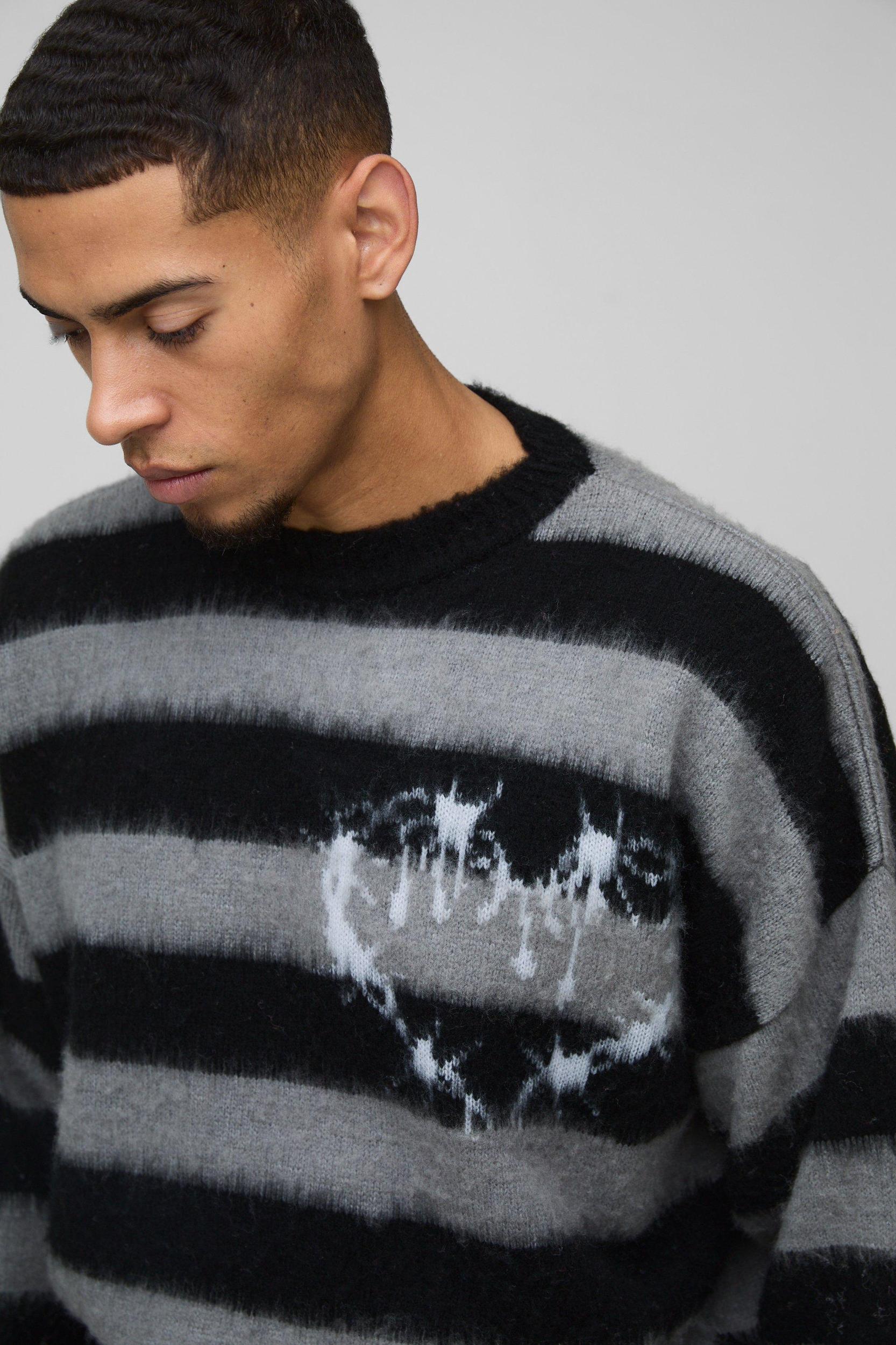 Boxy Brushed Stripe Print Knitted Sweater | boohooMAN USA Product Image