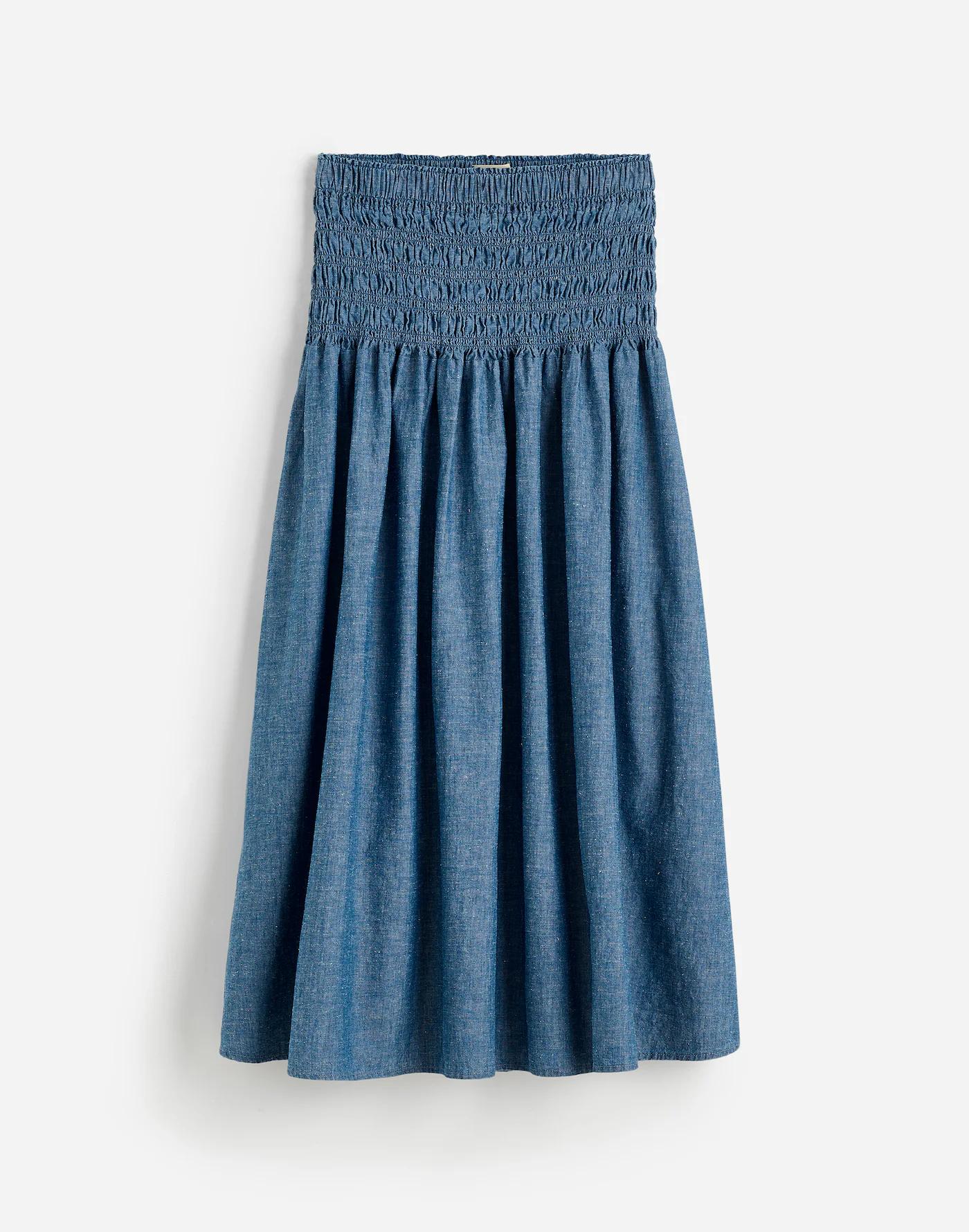 Smocked-Waist Denim Midi Skirt Product Image