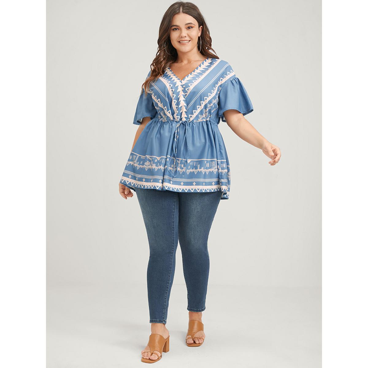 Plus Size LightBlue Bandana Ruffles Button Flutter Ties Wrap Blouse Women Elegant Short sleeve V-neck Dailywear Blouses BloomChic 10/M Product Image