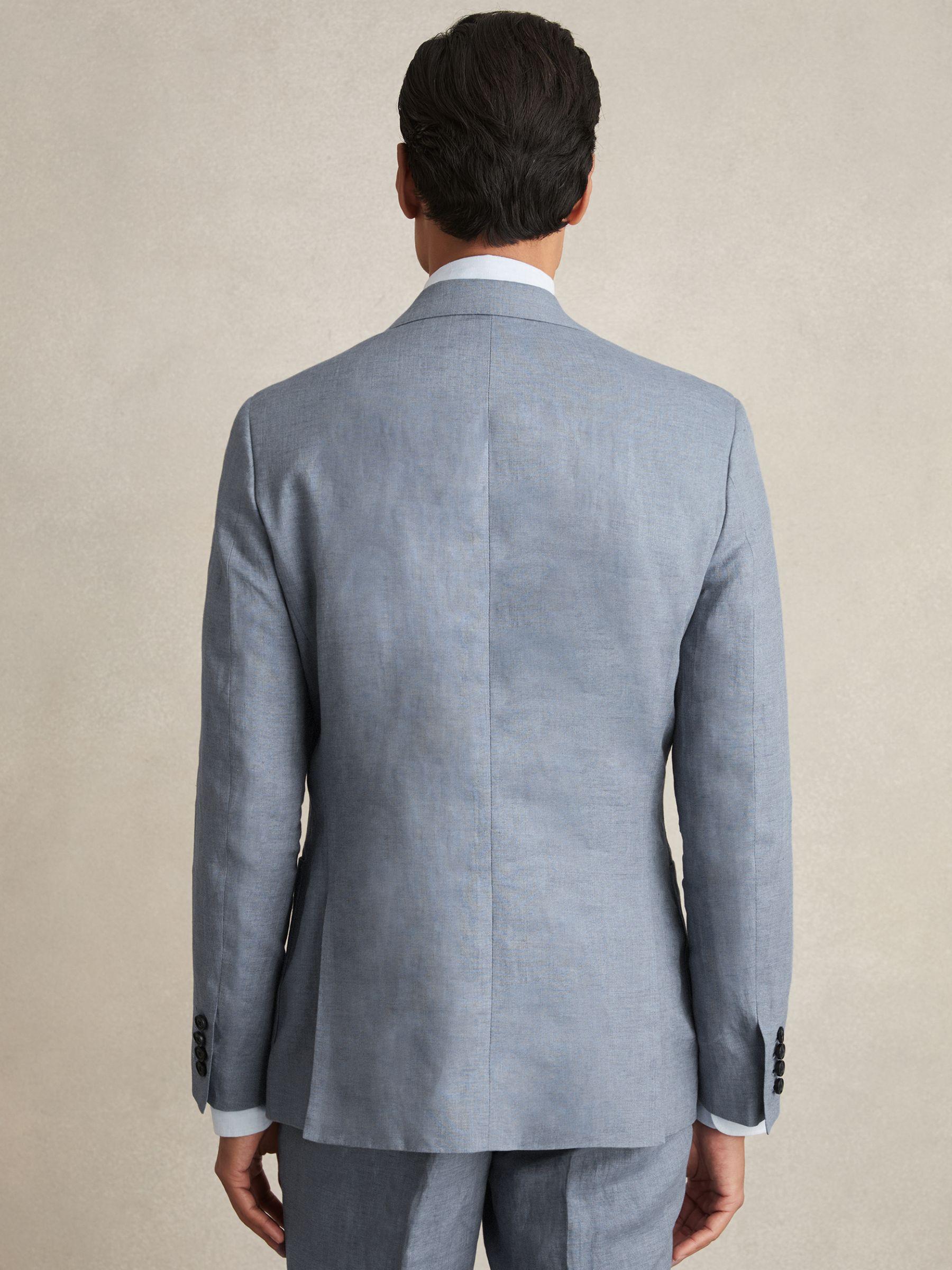 Slim-Fit Linen Double-Breasted Suit Blazer in Airforce Blue Product Image