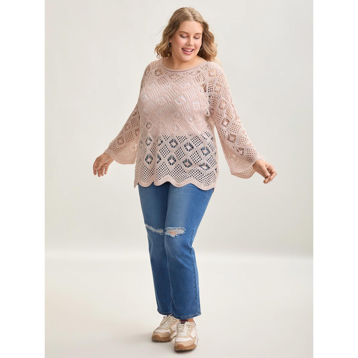 Plus Size Cut Out Textured Feel Pullover MistyRose Women Casual Loose Long Sleeve Round Neck Everyday Pullovers BloomChic 22-24/3X Product Image