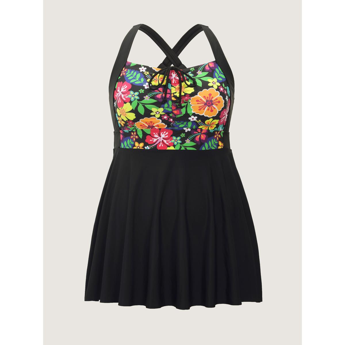 Plus Size Tropical Floral Print Tie-Up Swim Dress Women's Swimwear Black Resort Bodycon Heart neckline High stretch Curve Swim Dresses BloomChic 30/6X Product Image