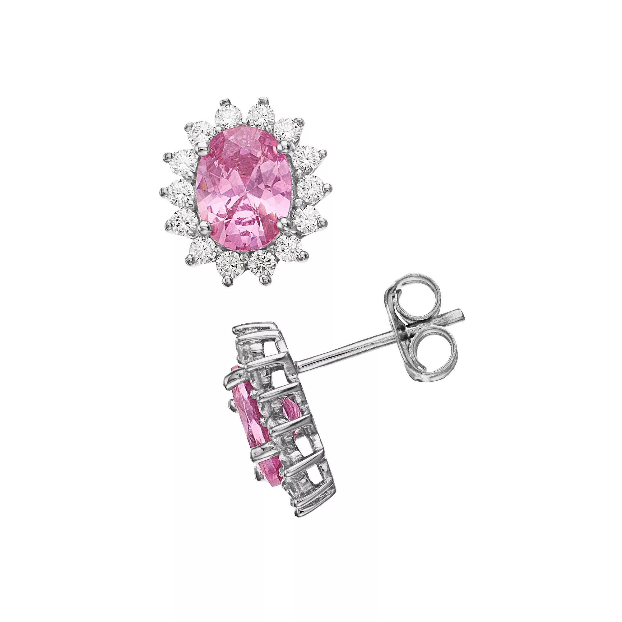 Rosabella Sterling Silver Pink & White Cubic Zirconia Halo Stud Earrings, Women's Product Image