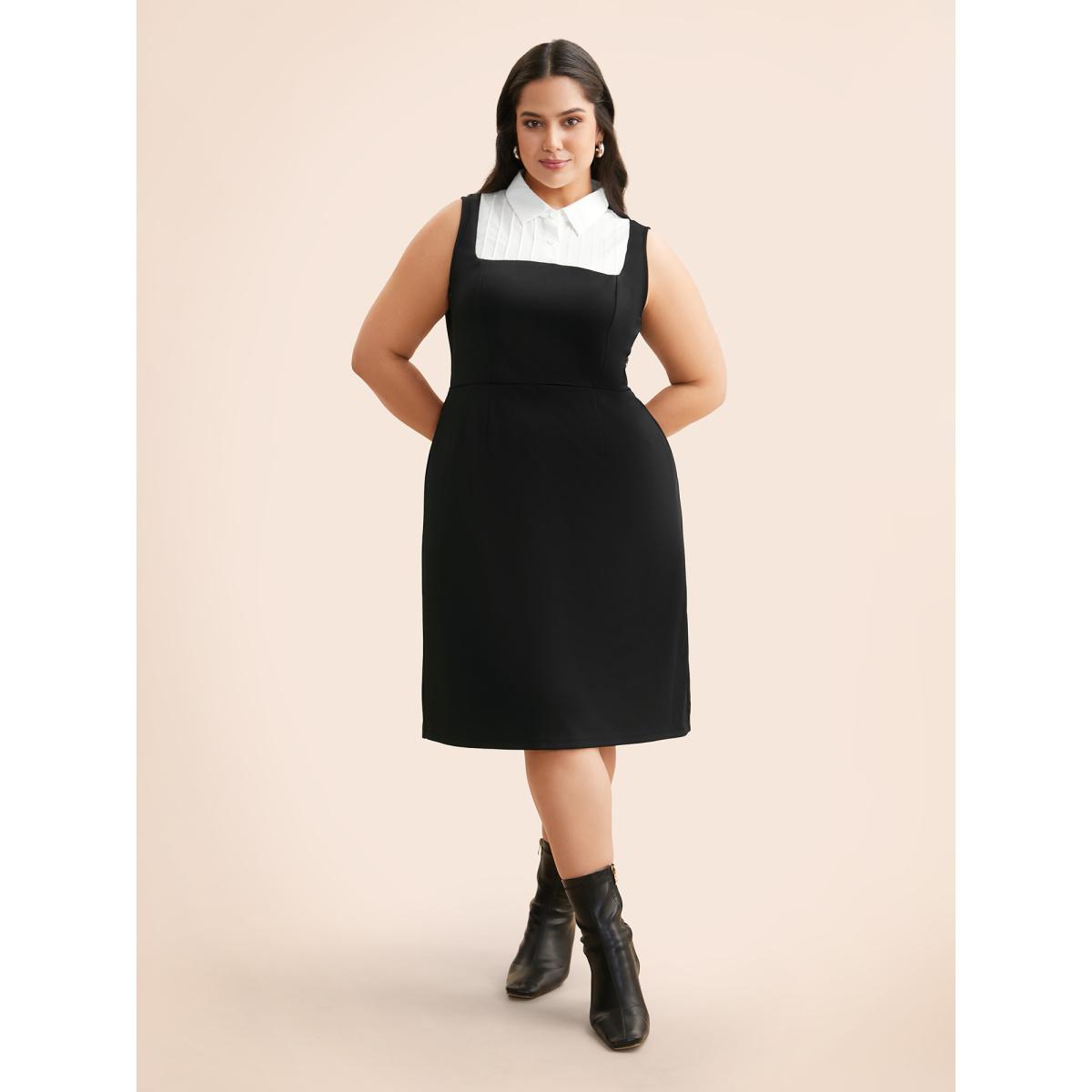 Plus Size Contrast Patchwork Tucked Seam Sleeveless Dress Black Women Elegant Tucked seam Shirt collar Sleeveless Curvy BloomChic 22-24/3X Product Image