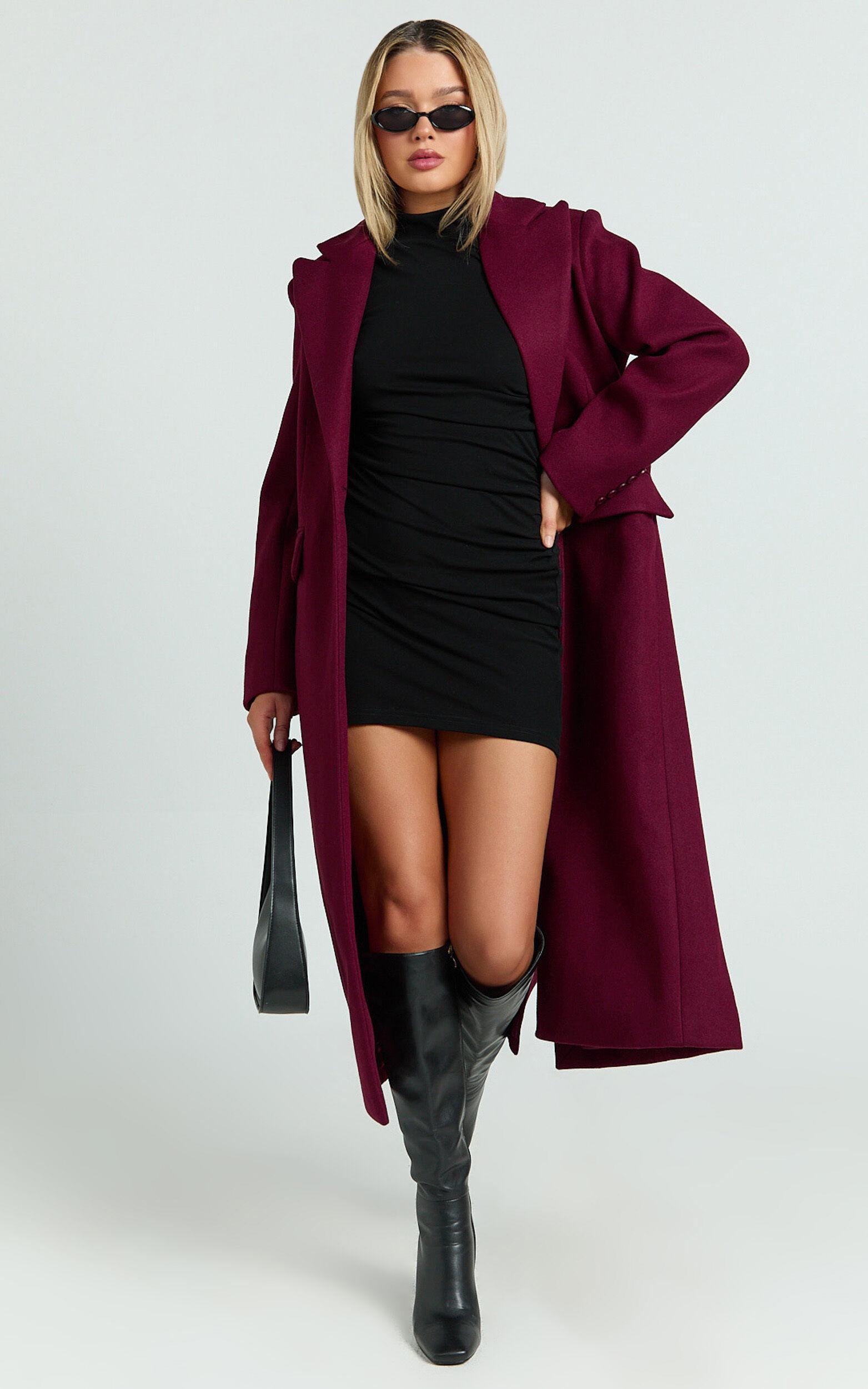 Michaela Coat - Oversized Lapel Single Button Coat in Wine Product Image