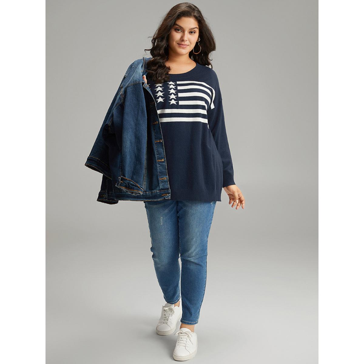 Plus Size Supersoft Essentials Flag Print Loose Pullover Midnight Women Casual Loose Long Sleeve Round Neck Everyday Pullovers BloomChic 14-16/1X Product Image