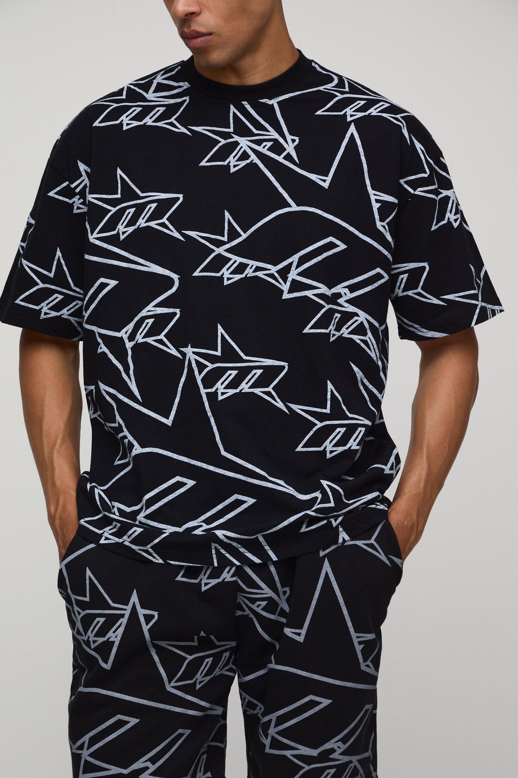 Oversized All Over Print M Star T-Shirt & Short Set | boohooMAN USA Product Image