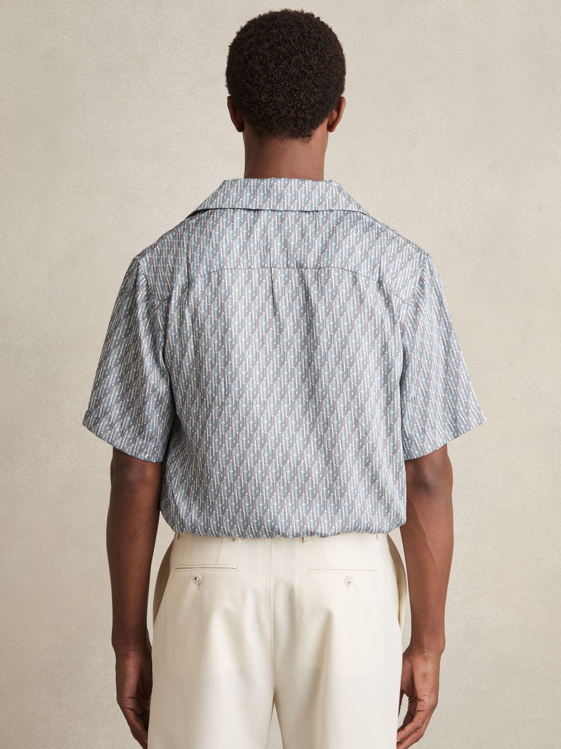 Monogram-Print Cuban-Collar Shirt in Blue Product Image