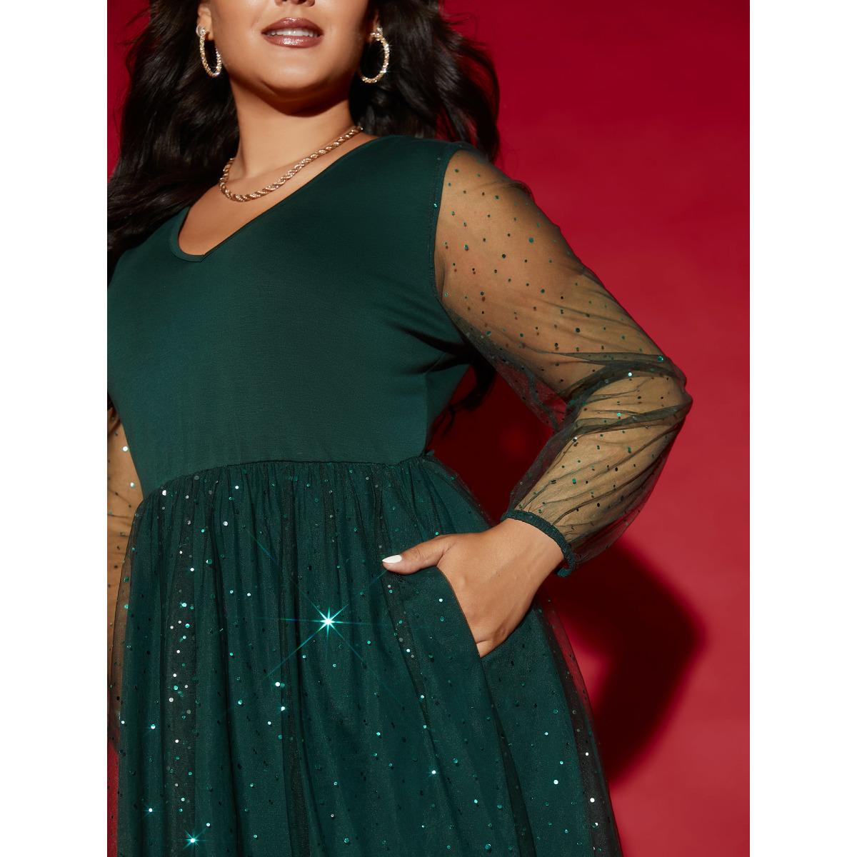 Plus Size Sheer Mesh Shimmering Sequins Maxi Dress Cyan Women Party&Cocktail Texture Party Curvy Bloomchic 26/4X Product Image