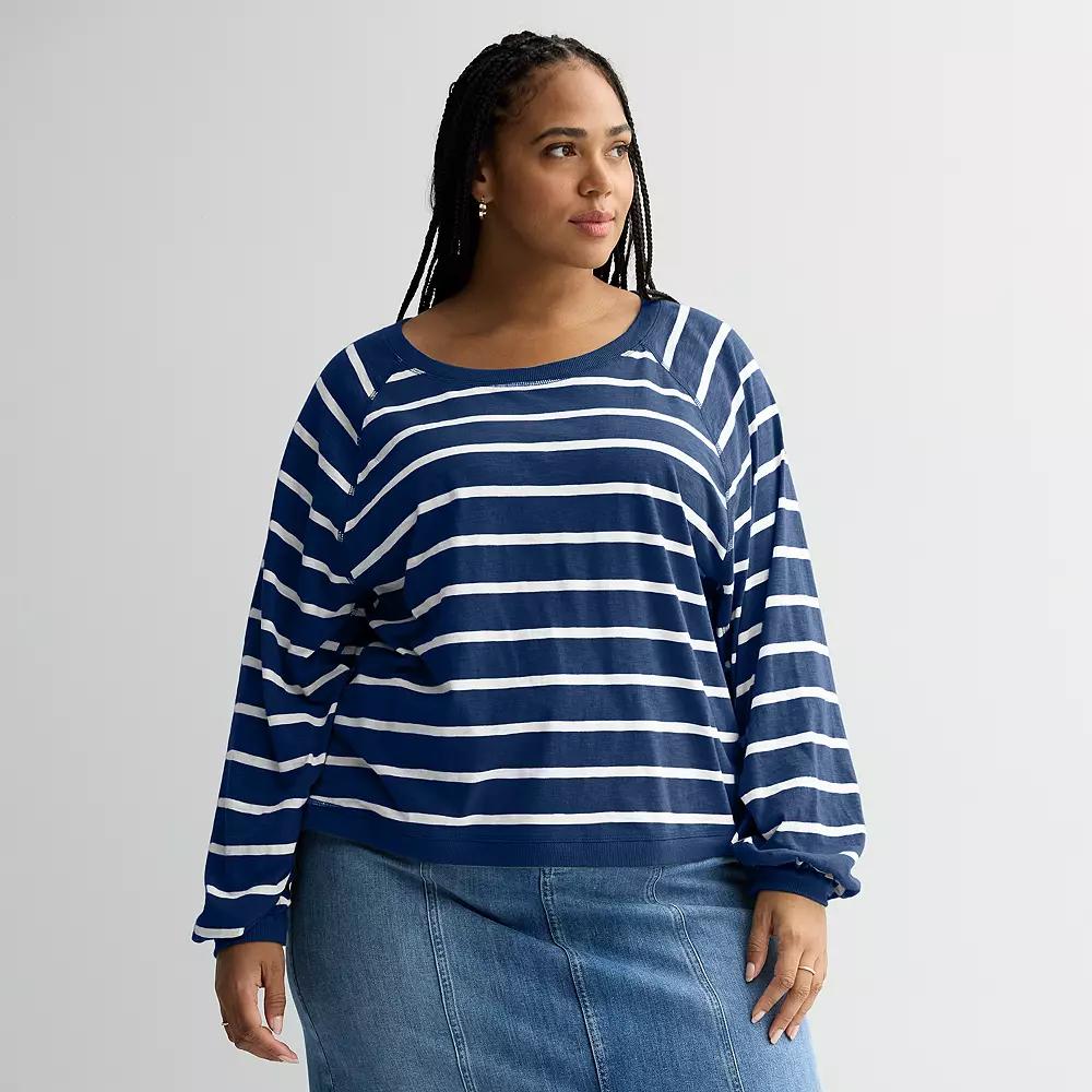 Plus Size Sonoma Goods For Life® Balloon Sleeve Raglan Tee, Women's, Size: 4XL, Dark Navy Ivory Stripe Product Image