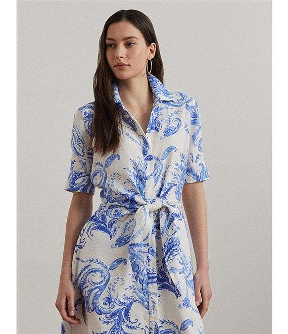 Lauren Ralph Lauren Paisley Tie-Front Linen Fit & Flare Midi Shirt Dress Product Image