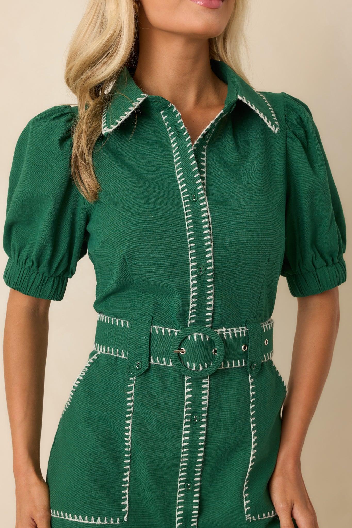 Heard It Before Hunter Green Cotton Belted Mini Shirt Dress Product Image