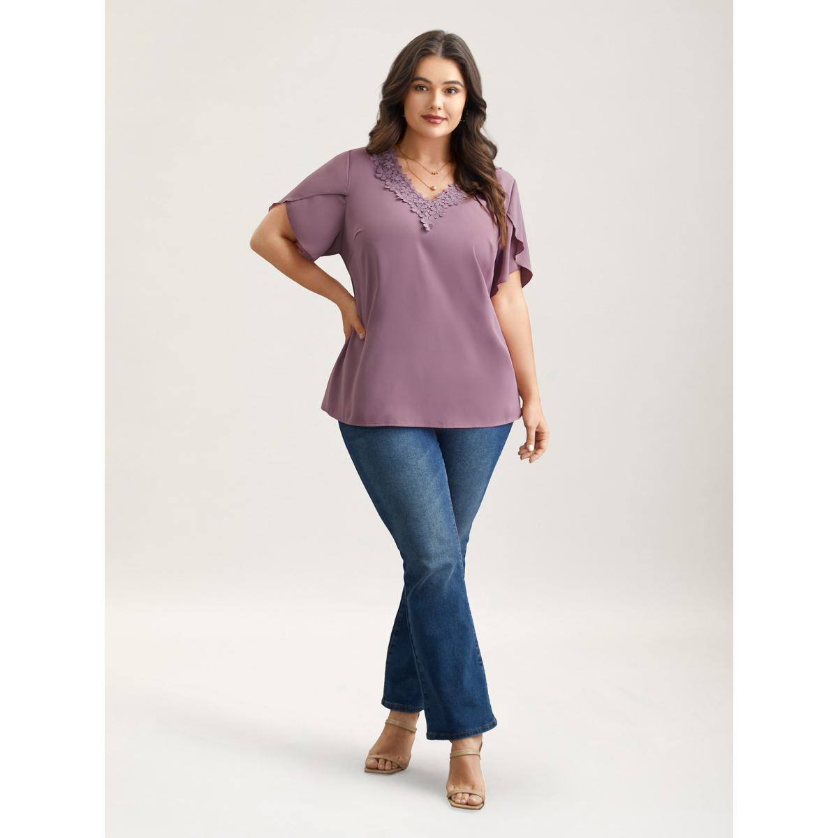 Plus Size Lilac Lace V-Neck Petal Sleeve Shirt Women Elegant Short sleeve V-neck Everyday Blouses BloomChic 22-24/3X Product Image