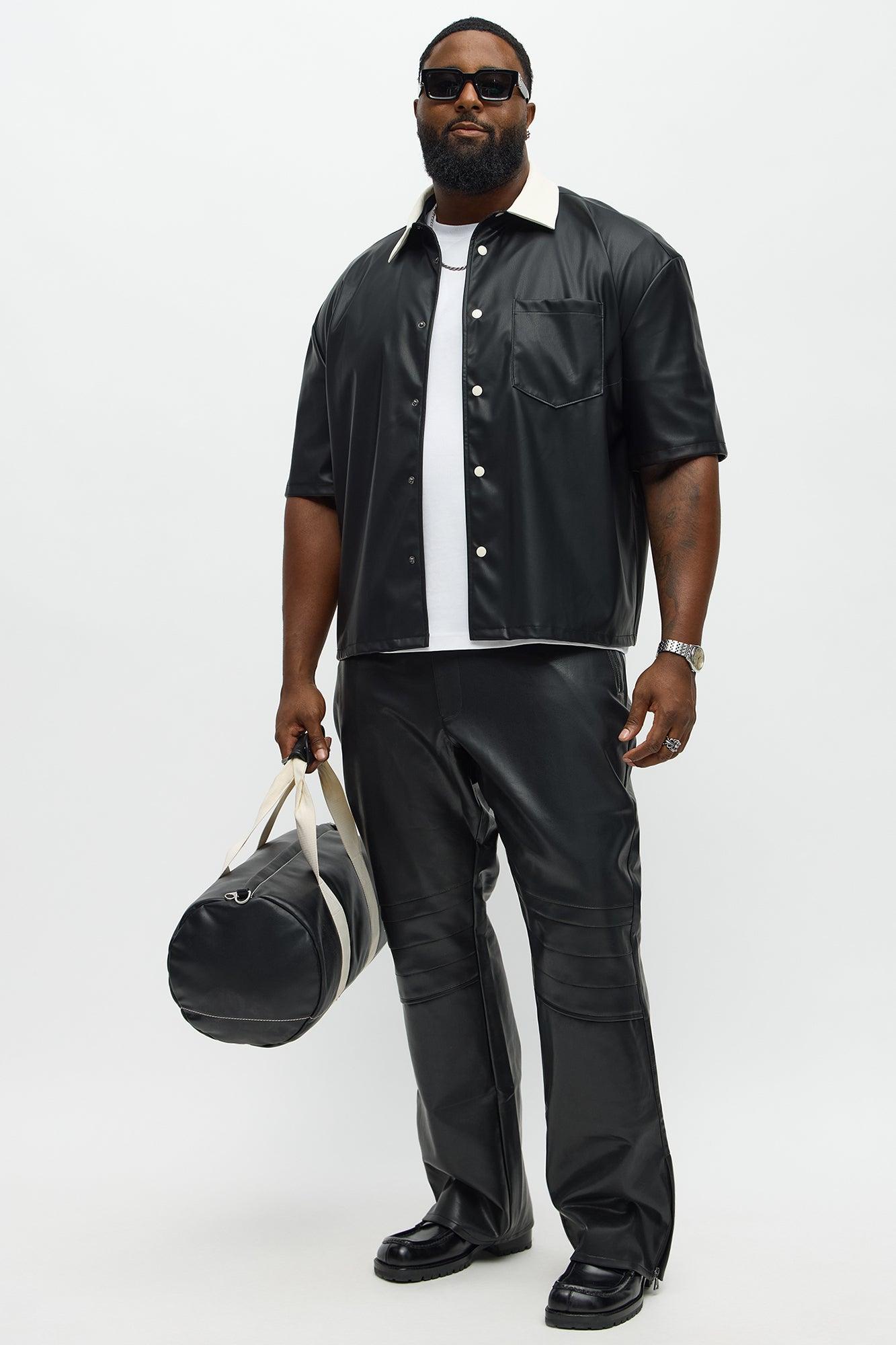 Cropped Colored Collar Faux leather Button Up Shirt - Black Male Product Image