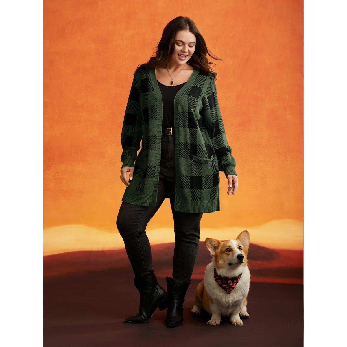 Plus Size Supersoft Essentials Plaid Open Cardigan ArmyGreen Women Casual Loose Long Sleeve Everyday Cardigans BloomChic 12/L Product Image