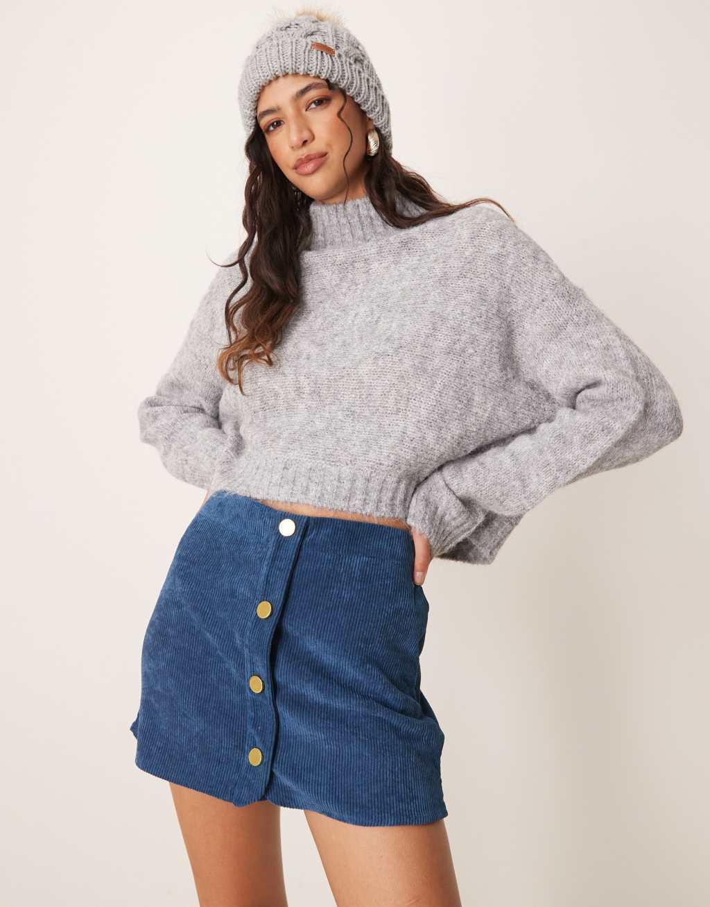 ASOS DESIGN button front cord skort in navy Product Image