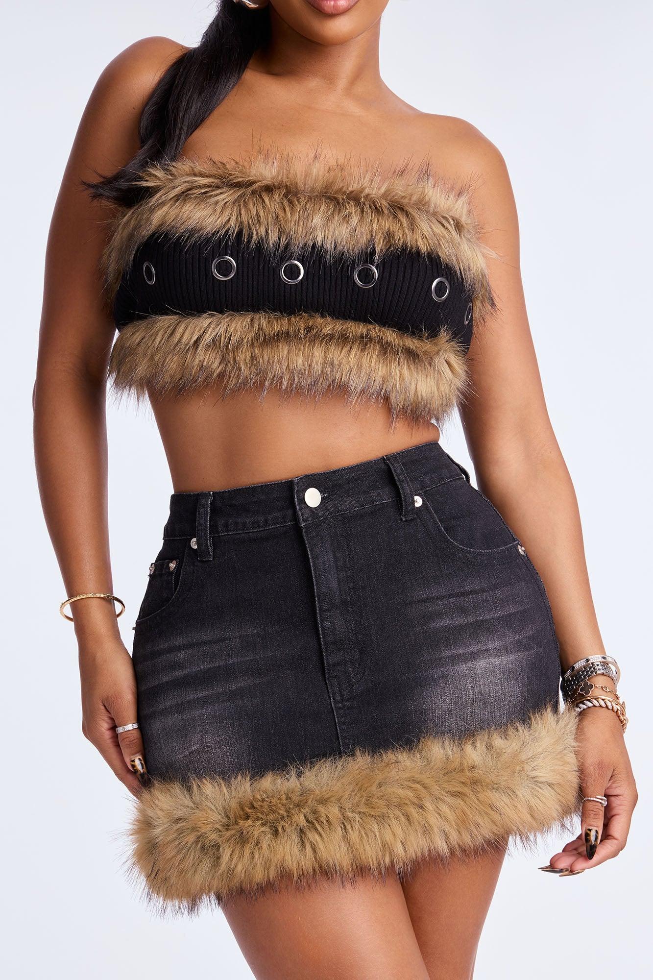 Gianna Fur Trim Micro Mini Denim Skirt - Dark Wash Female Product Image