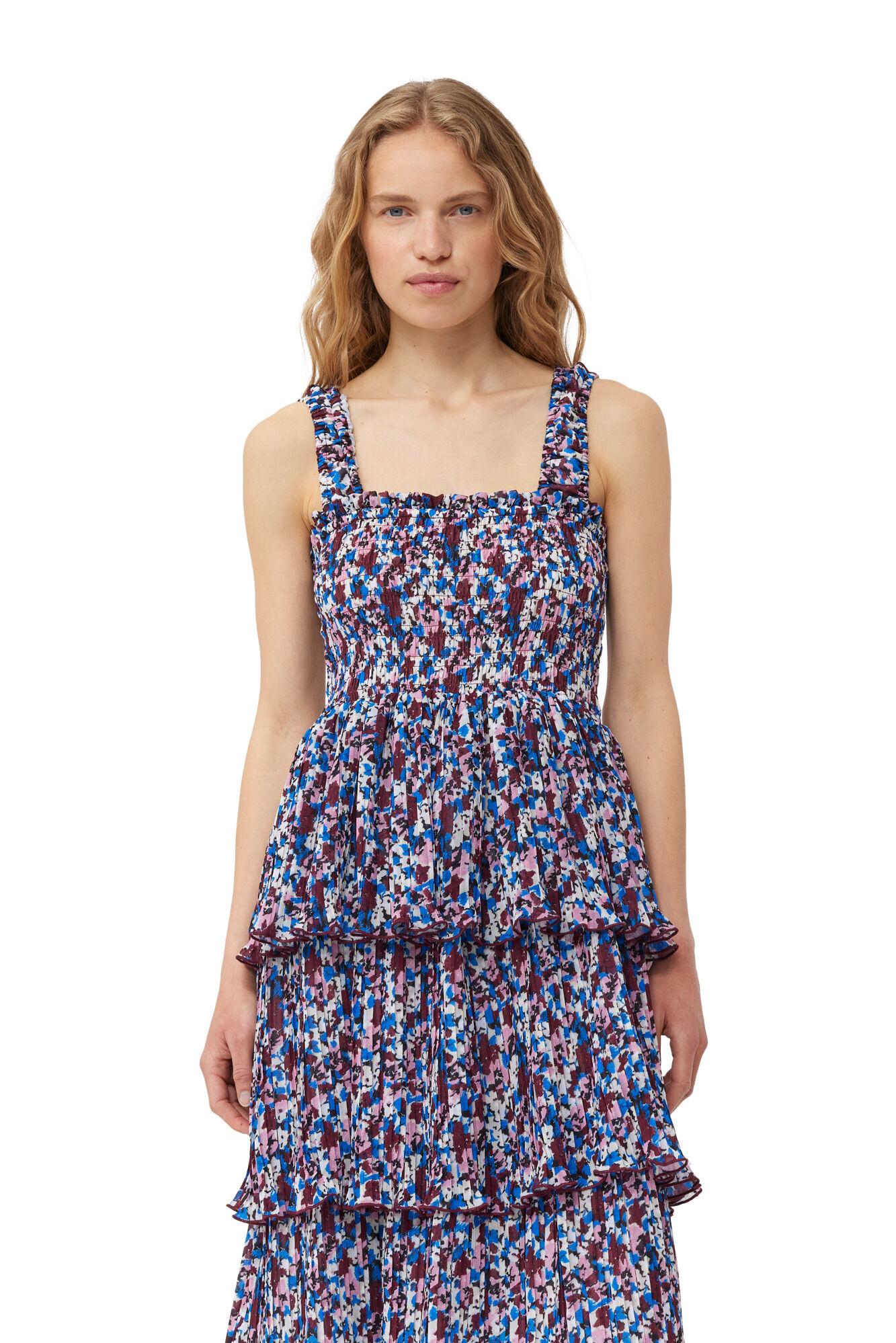 Multicolour Pleated Georgette Flounce Smock Midi Dress Product Image