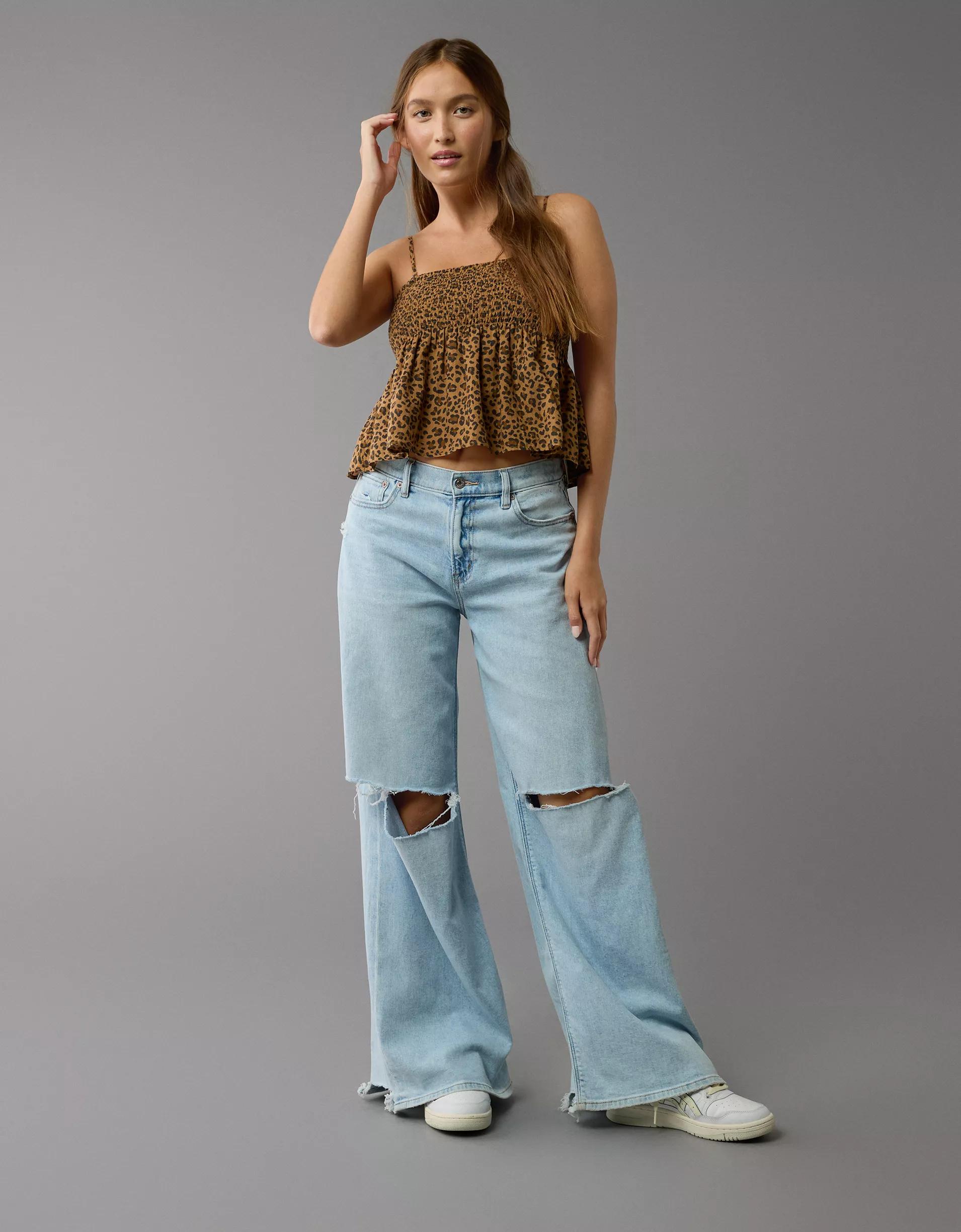 AE Smocked Babydoll Leopard Cami Tank Top Product Image