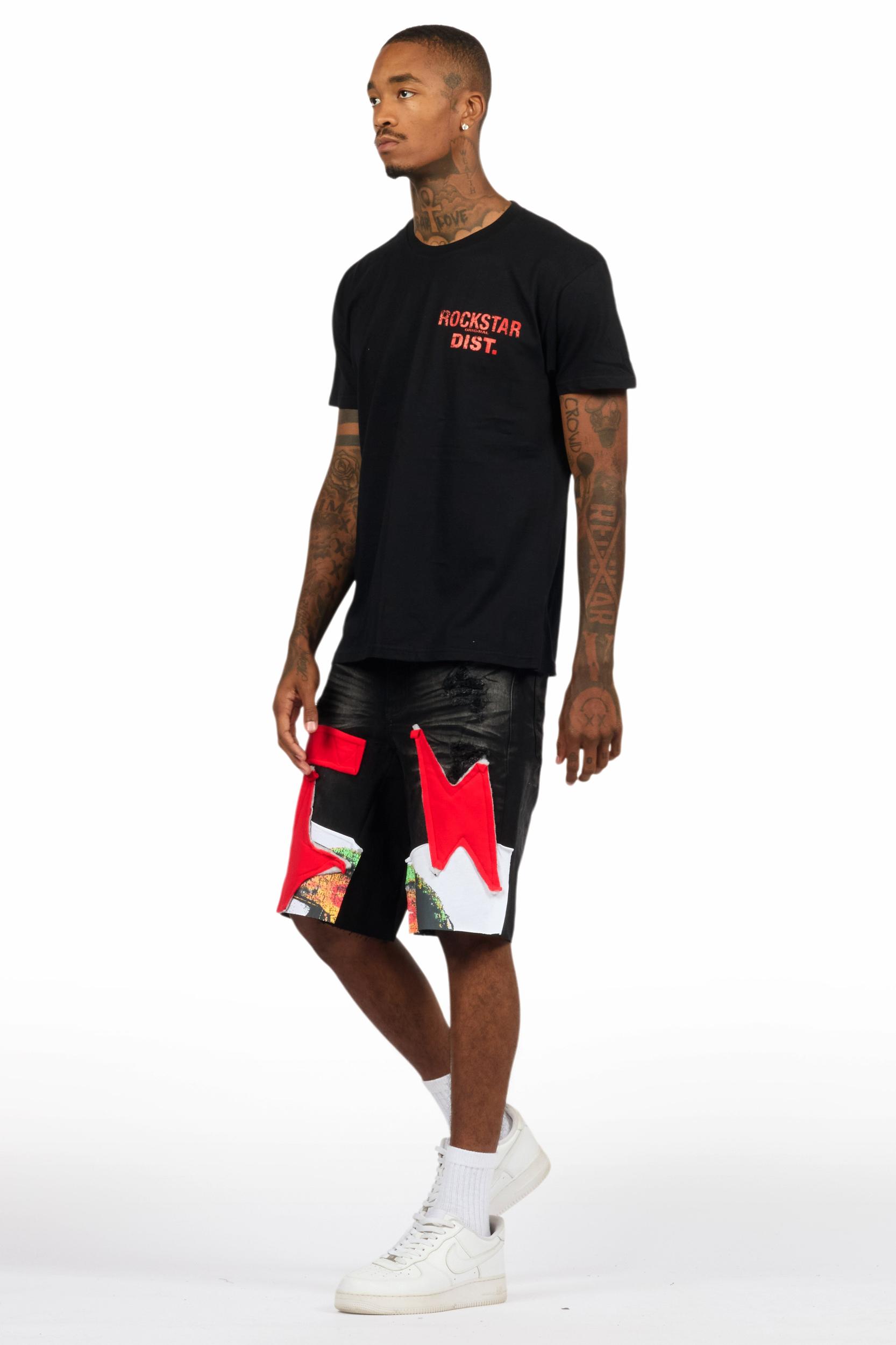 Akos Black/Red T-Shirt/Denim Short Set Male Product Image