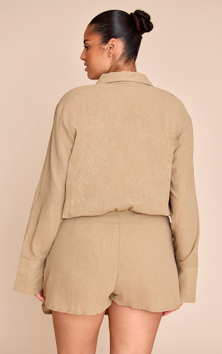Plus Khaki Linen Look Shirt Style Long Sleeve Skort Romper Product Image