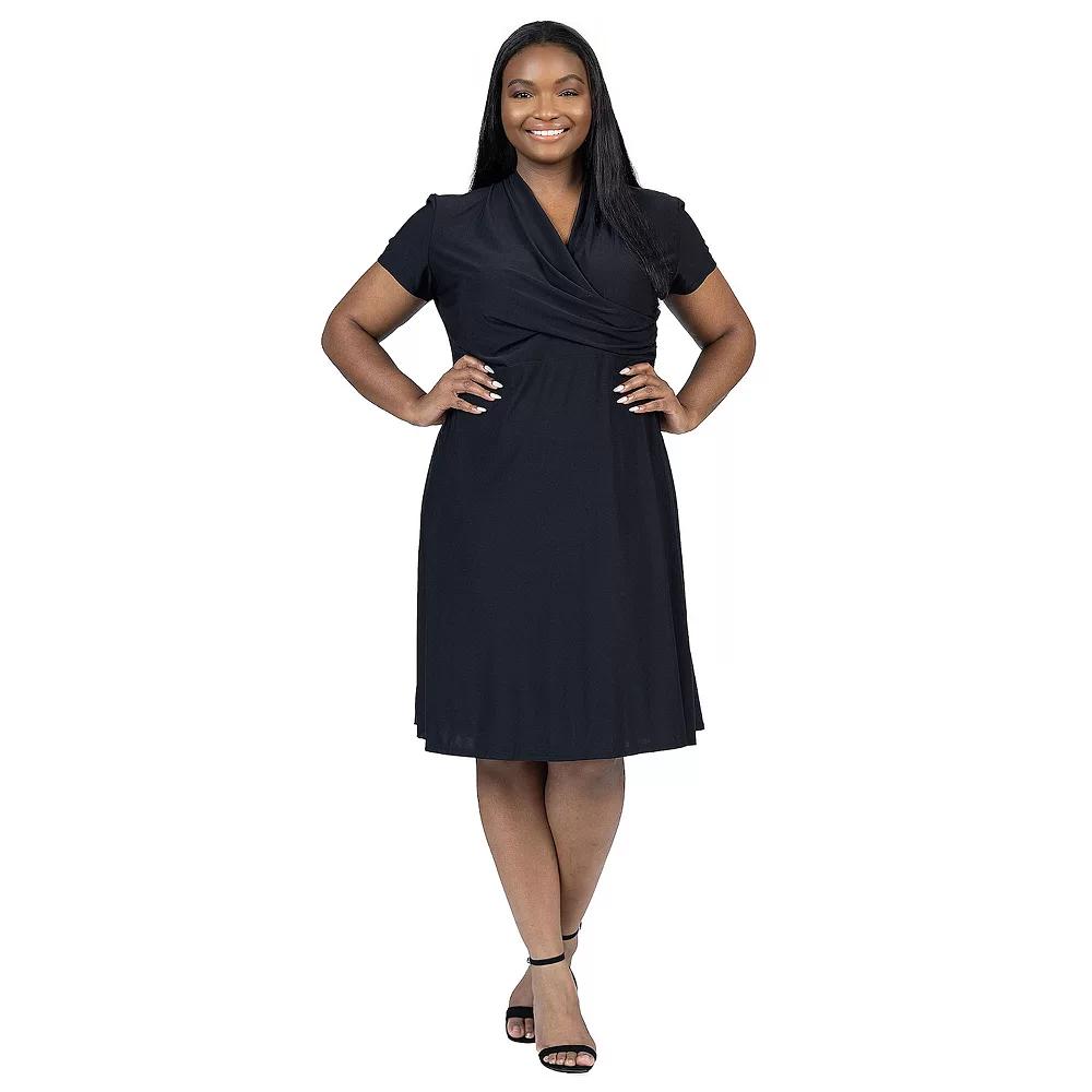 Plus Size 24Seven Comfort Apparel Print Short Sleeve Knee Length V Neck Rouched Wrap Dress, Women's, Size: 1XL, Blue Product Image